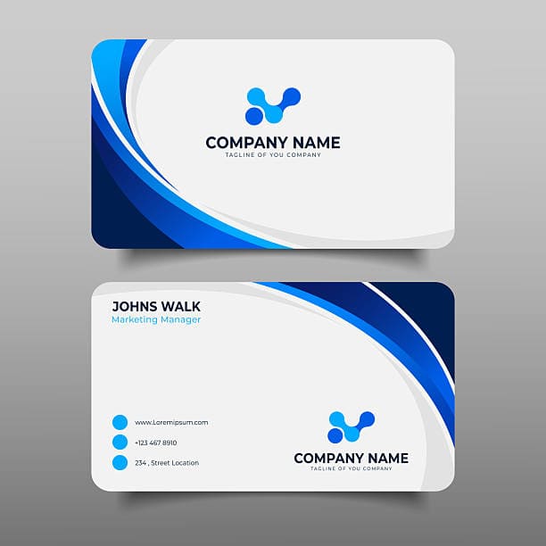 Front and back view of a professional business card with a modern blue wave design, illustrating high-quality Business Card and Stationery Design Services in New York.