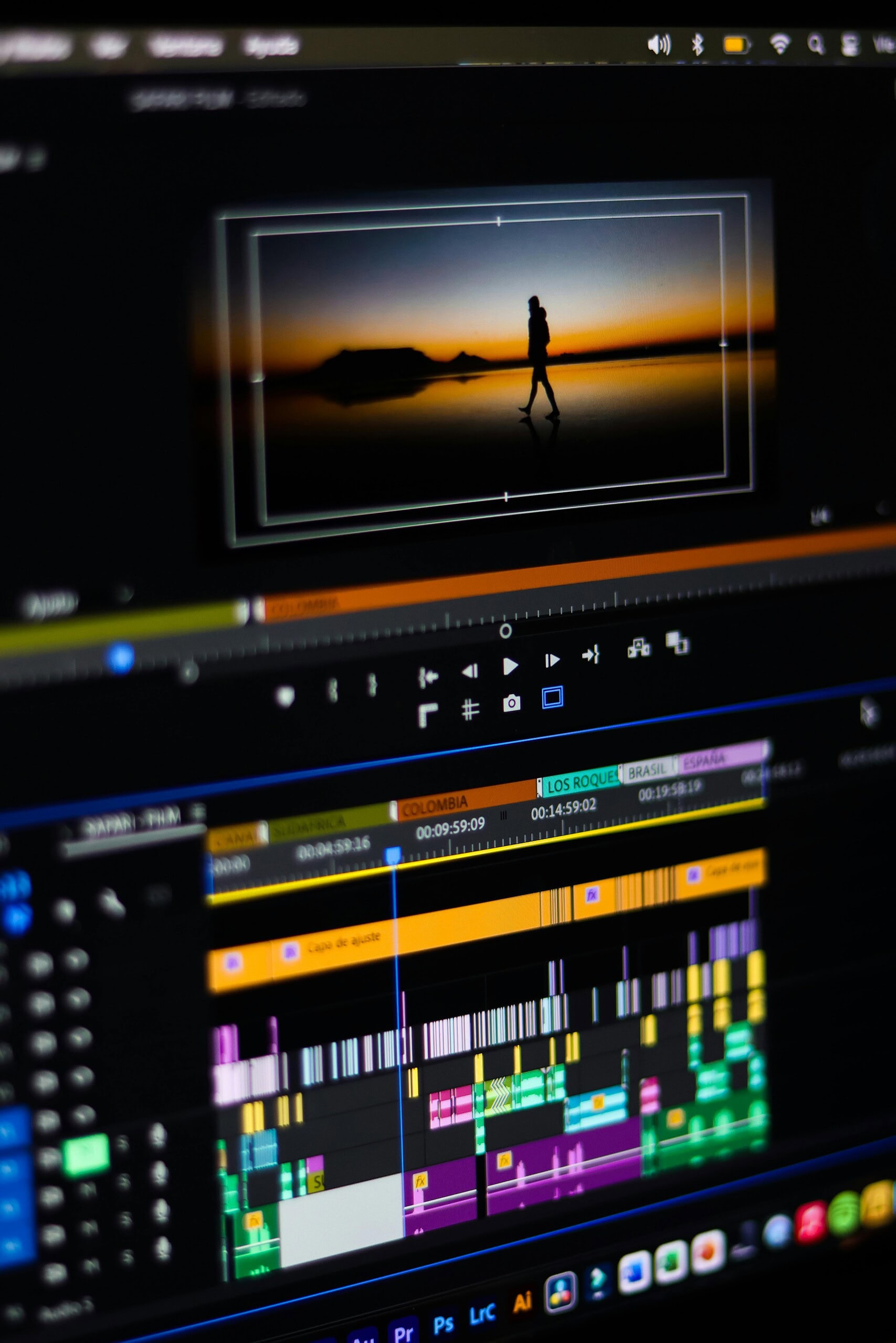 Video editing software interface with timeline and color grading tools for neural vision enhancement.